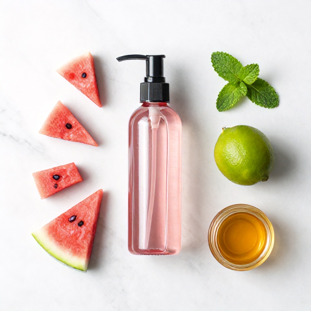 Watermelon, rose water, lime, and mint on a wooden surface