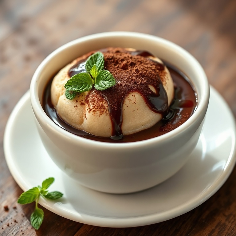 A single serving of rich and creamy chocolate budino in a white ceramic bowl. Dark chocolate sauce drizzled on top. A dusting of cocoa powder and a sprig of mint. Warm side lighting showing smooth texture. Photorealistic food photography style.
