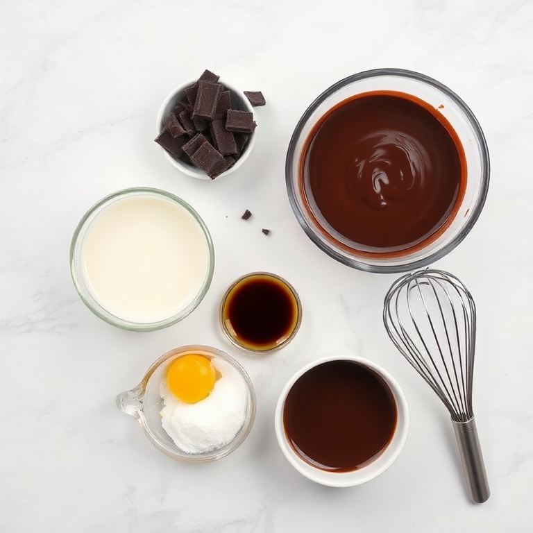 All raw ingredients for rich and creamy chocolate budino arranged in an overhead flat lay. Dark chocolate, milk, eggs, sugar, and vanilla extract visible. Measuring cups, a mixing bowl, and a whisk nearby. Bright even light. White marble surface.