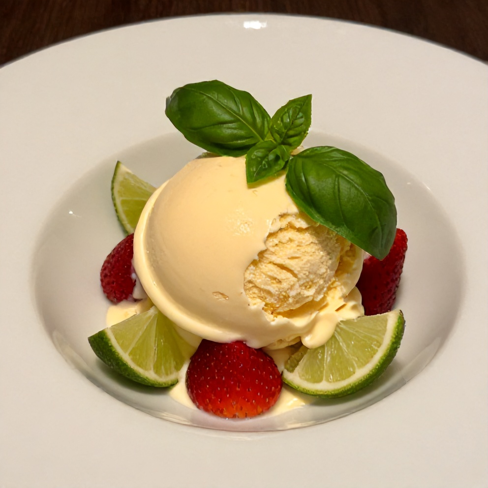 Scoop of creamy roasted strawberry basil ice cream with a lime twist