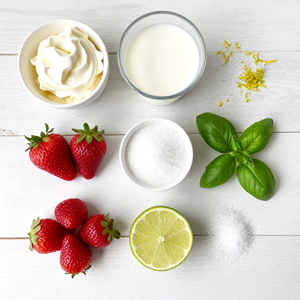 Raw ingredients for roasted strawberry basil ice cream