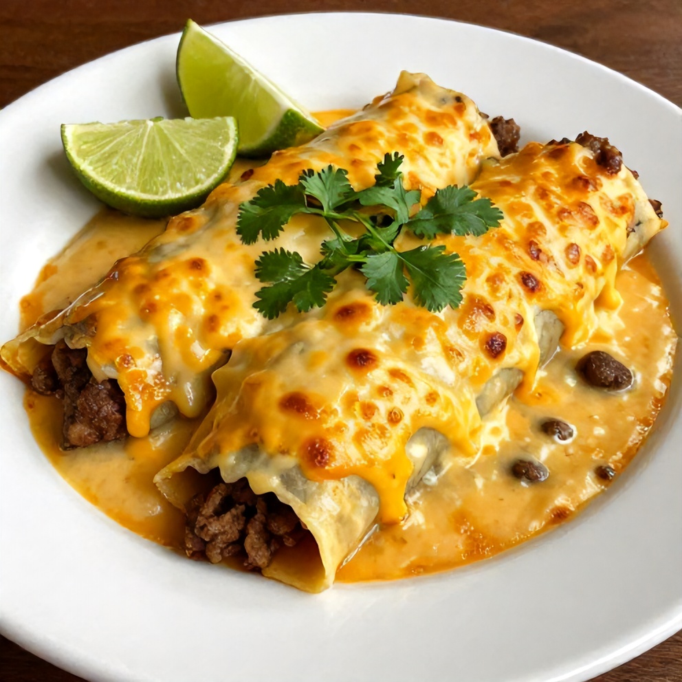 Plated Sausage Gravy Enchiladas with fresh cilantro and lime