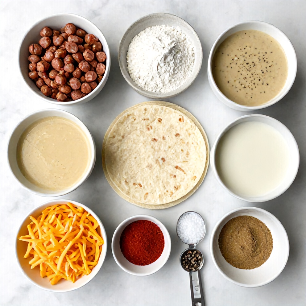 Raw ingredients for Sausage Gravy Enchiladas on a wooden surface