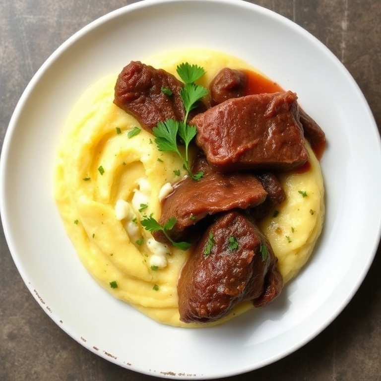 A plate of Slow-Cooked Italian Pot Roast with creamy gorgonzola polenta. The beef is tender, the polenta is smooth and rich. A sprinkle of fresh parsley adds color.