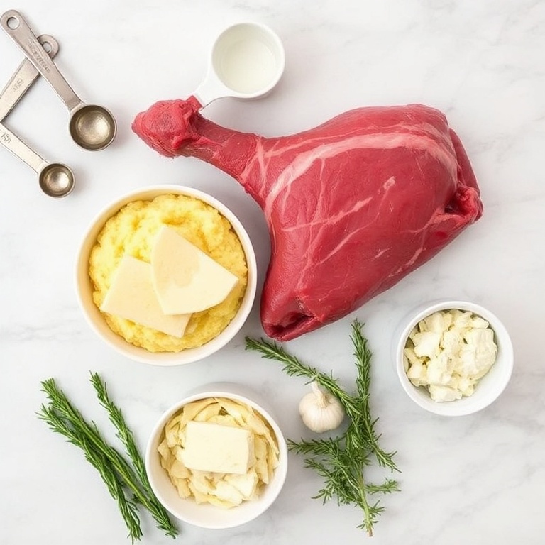 Raw ingredients for Slow-Cooked Italian Pot Roast. Beef shank, gorgonzola cheese, polenta, garlic, and rosemary. Measuring spoons and bowls are visible on a white marble surface.