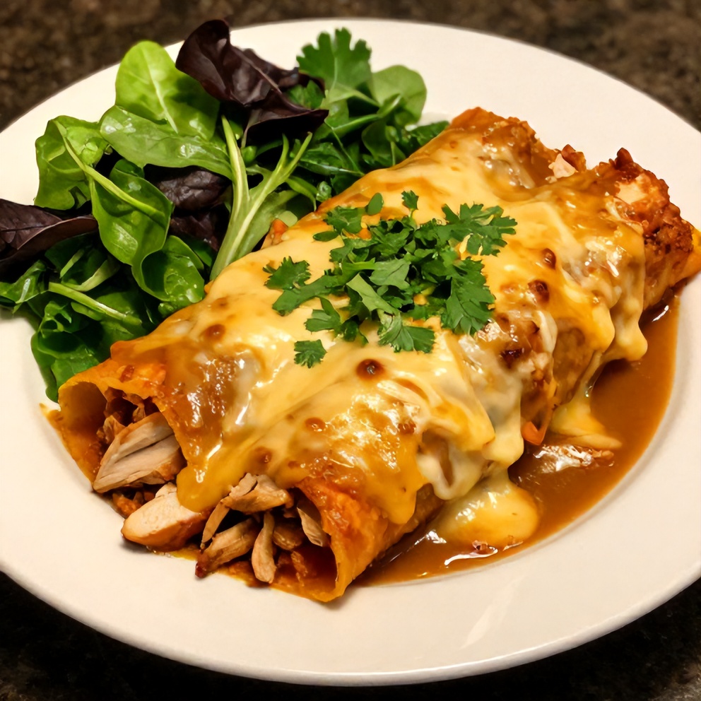 Plated Slow Cooker Chicken Enchiladas with a side of mixed greens