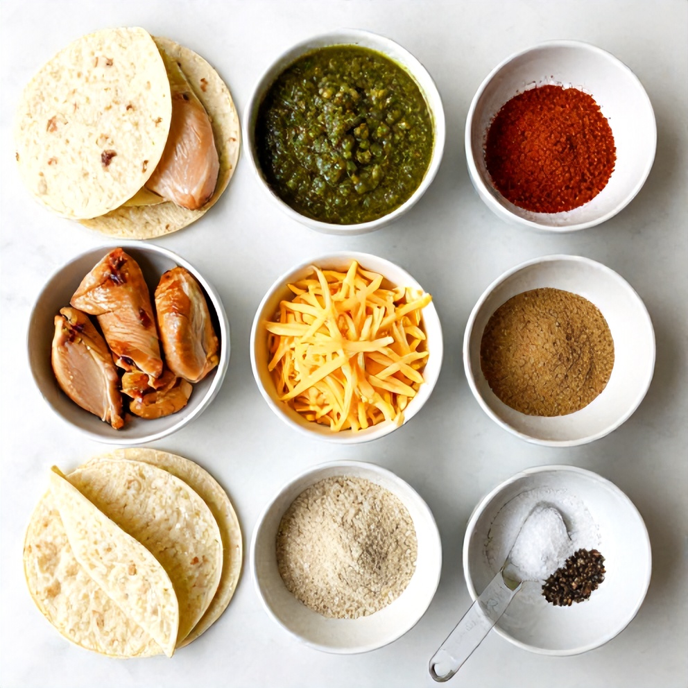 Raw ingredients for Slow Cooker Chicken Enchiladas including chicken, tortillas, cheese, and green enchilada sauce