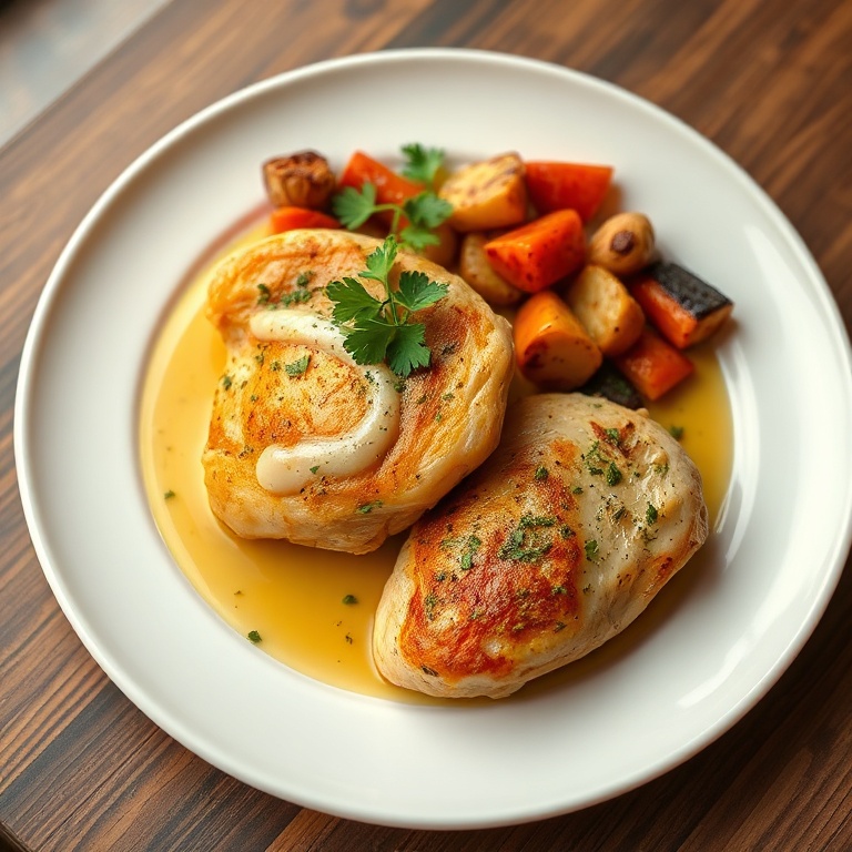 Plated chicken thighs with veggies and lemon sauce. Fresh parsley garnish. White ceramic plate. Warm side lighting. Photorealistic food photography.