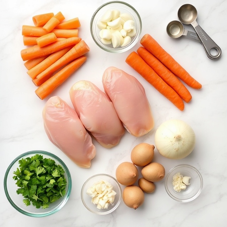 Raw chicken thighs, carrots, potatoes, onion, garlic, and lemon in a flat lay. Prep bowls and measuring tools visible. White marble surface. Bright even light.