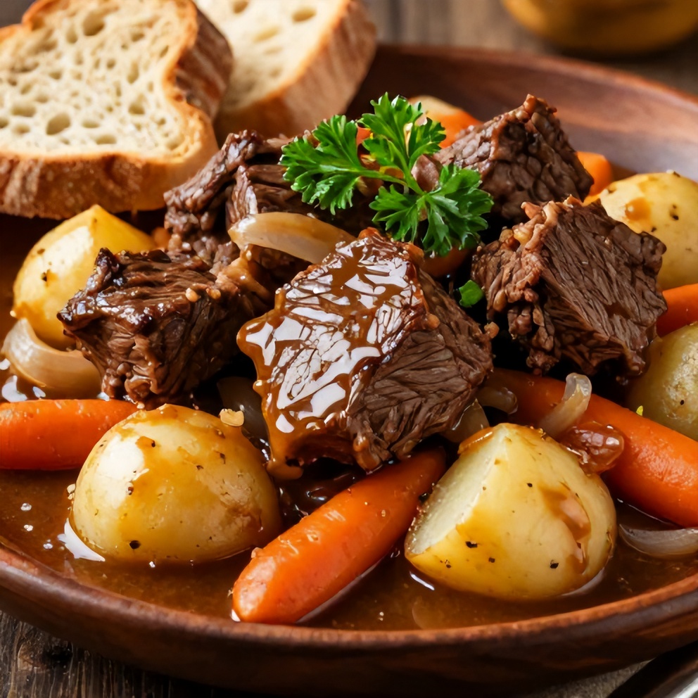 Plated slow cooker chuck roast with vegetables and a side of crusty bread