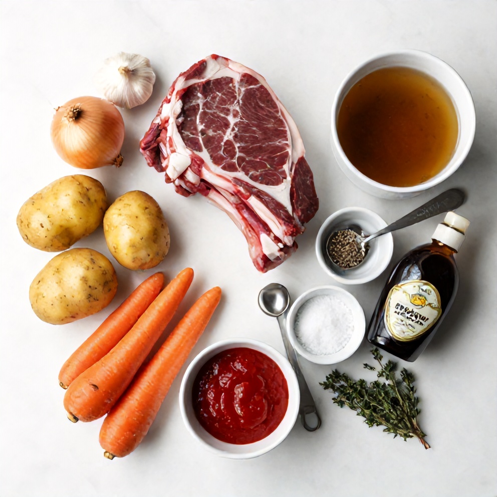 Raw ingredients for slow cooker chuck roast: chuck roast, potatoes, carrots, onions, garlic, beef broth, tomato paste, Worcestershire sauce, salt, pepper, and thyme