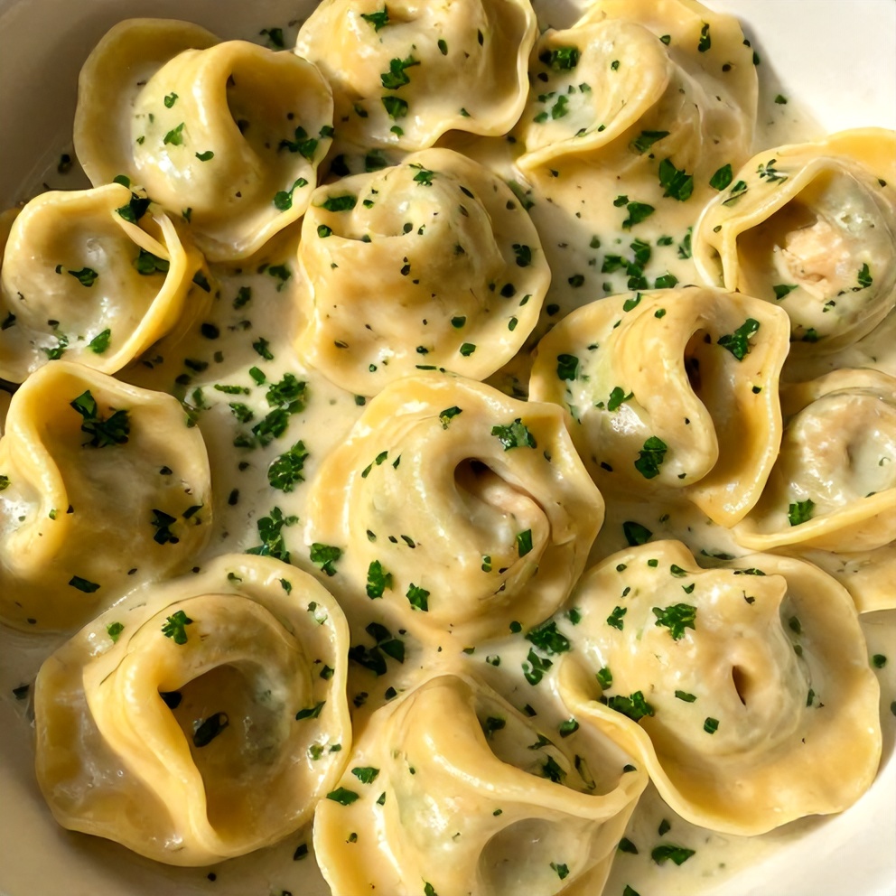 Plated creamy chicken tortellini with fresh parsley