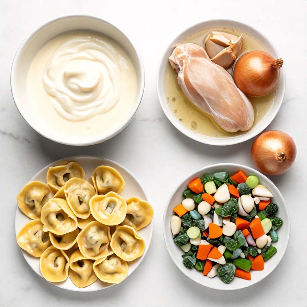 Raw ingredients for creamy chicken tortellini