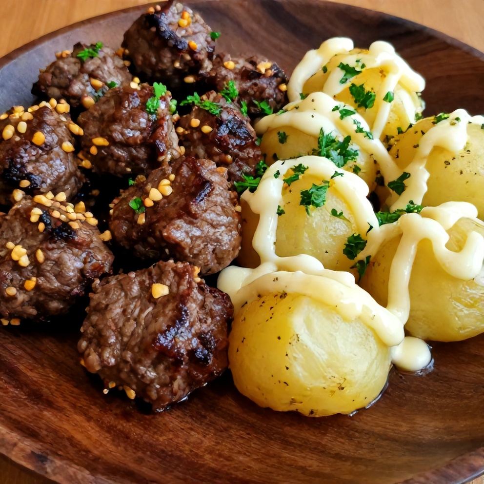 Plated Garlic Butter Beef Bites with Potatoes