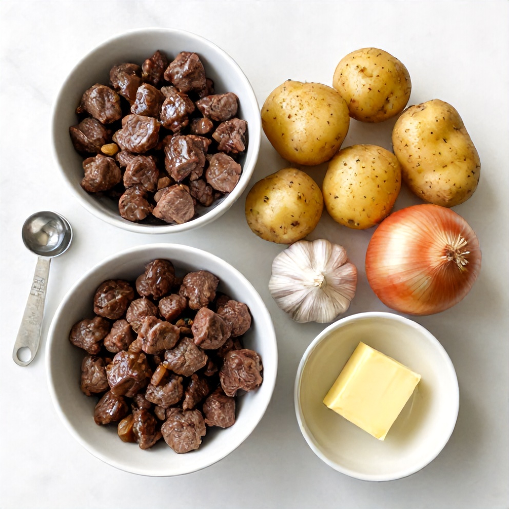 Raw Ingredients for Garlic Butter Beef Bites with Potatoes
