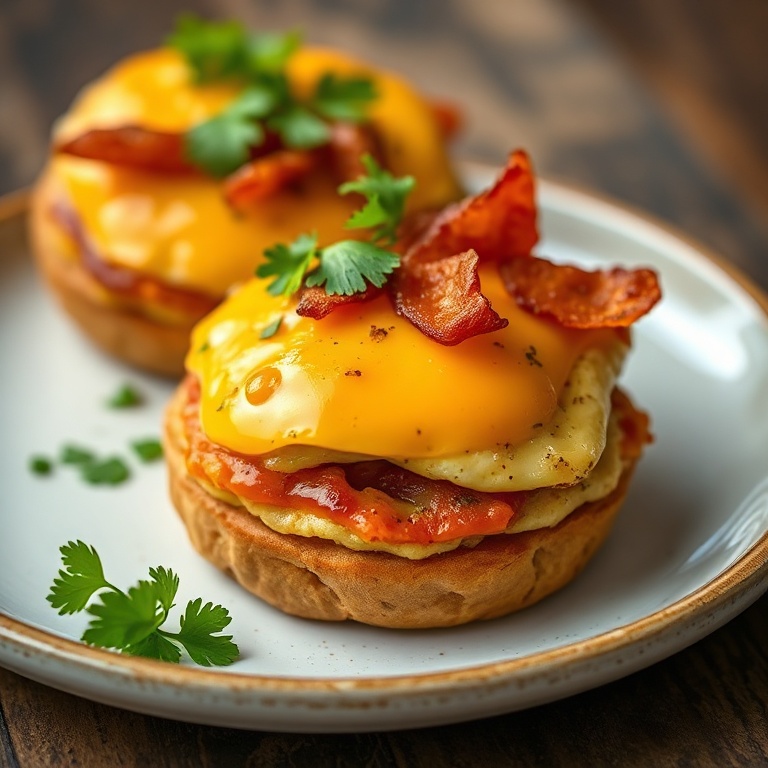 Perfect plated Spicy Chipotle Egg Sandwiches with cheddar and bacon, garnished with fresh cilantro, close crop, warm side lighting, photorealistic