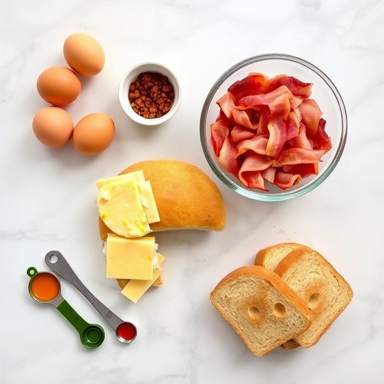 Raw ingredients for Spicy Chipotle Egg Sandwiches: eggs, bacon, cheddar cheese, chipotle peppers, and bread. Measuring spoons and bowls on a white marble surface, bright even light
