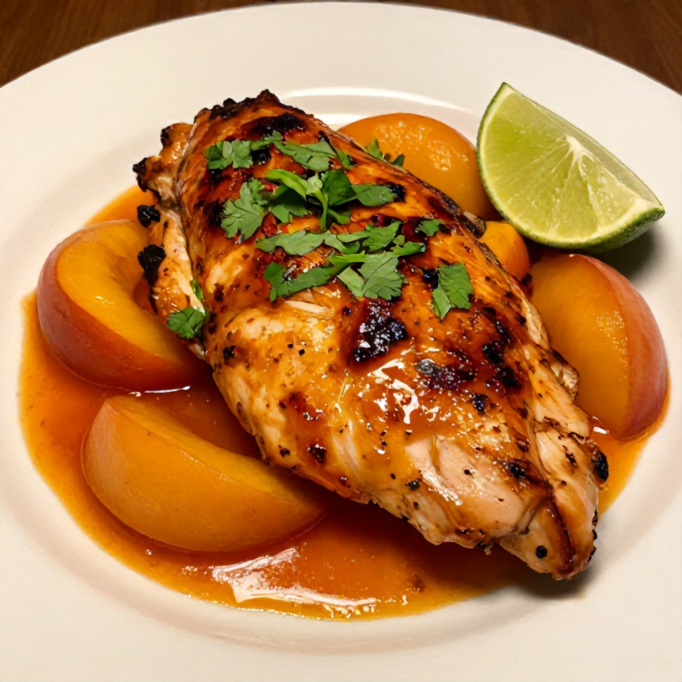 Plated Spicy Jalapeño Peach Chicken with garnish