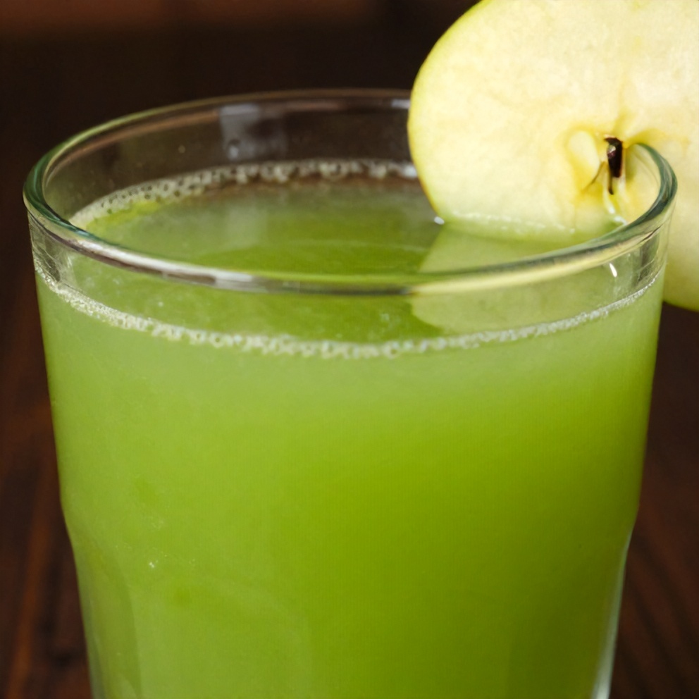 Glass of spring celery apple juice with a slice of apple