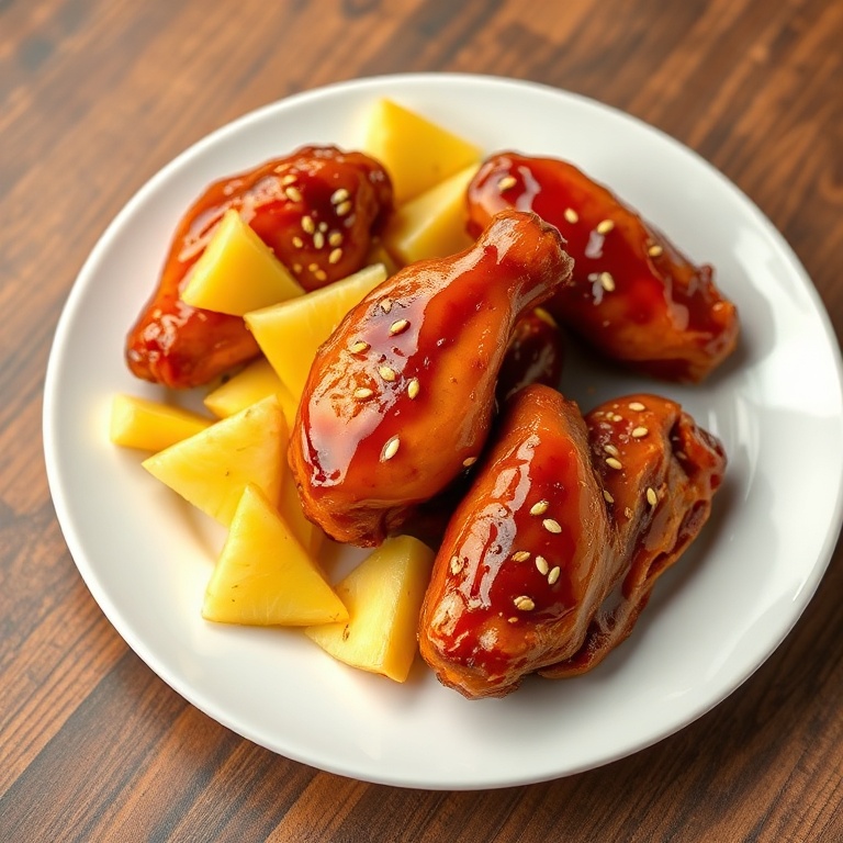 Plated chicken wings with a glossy teriyaki glaze, pineapple slices, and a sprinkle of sesame seeds on a white ceramic plate.