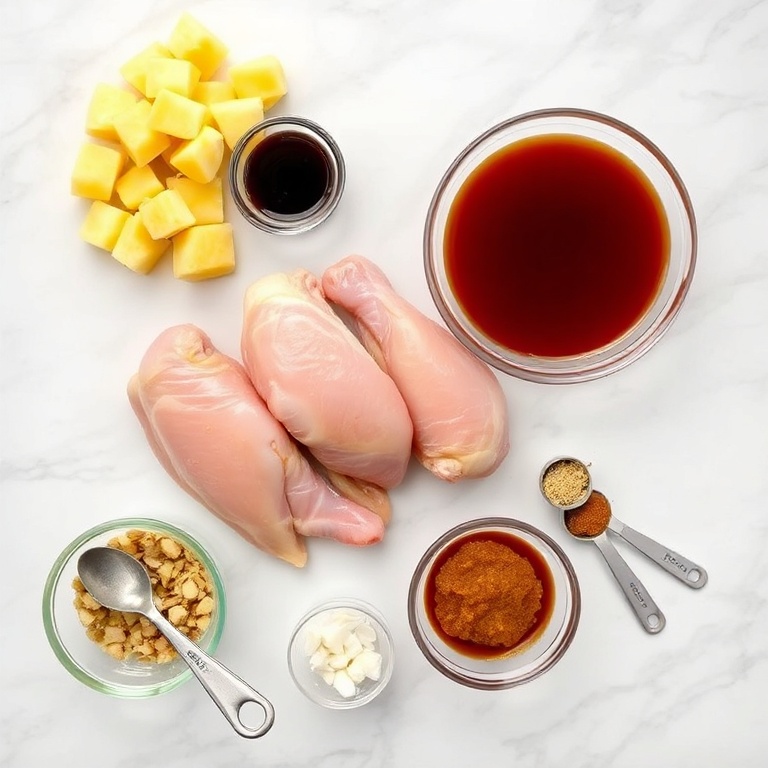 Raw chicken wings, pineapple chunks, soy sauce, brown sugar, garlic, ginger, and green onions arranged in a flat lay on a white marble surface.