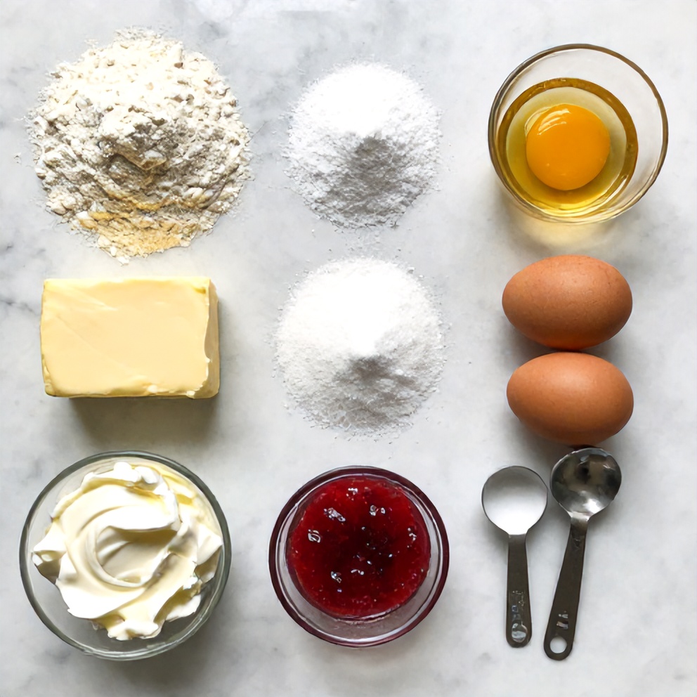 Strawberry Cheesecake Cookies ingredients on a white marble surface