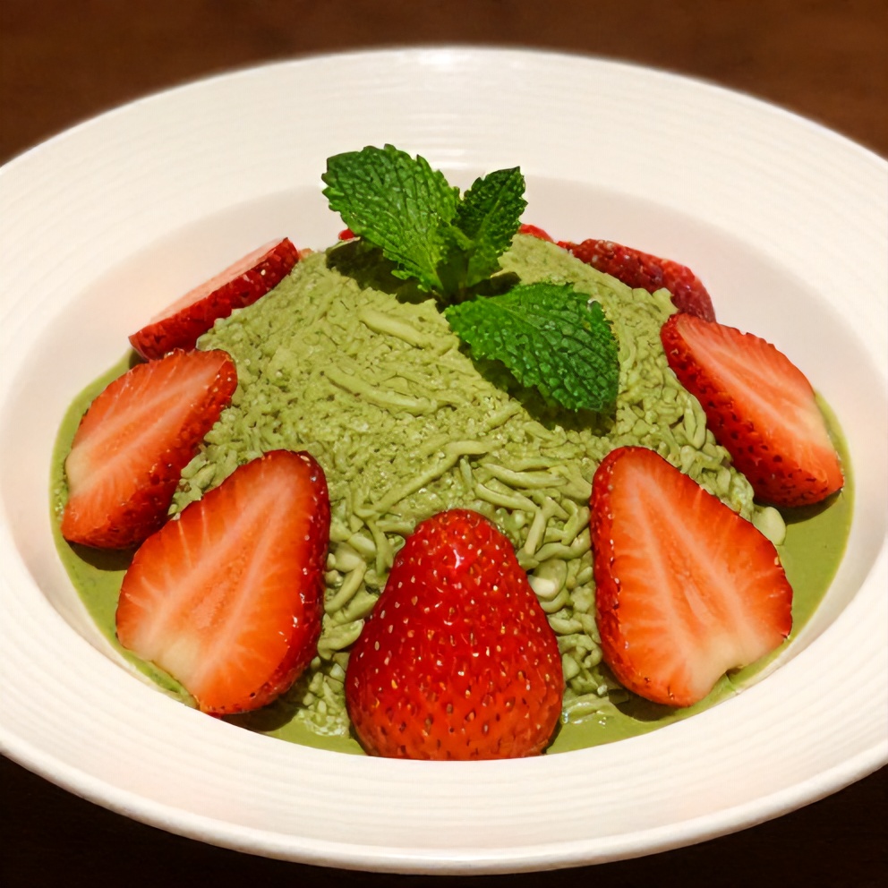 Plated serving of Strawberry Matcha Sago Dessert with a mint leaf garnish