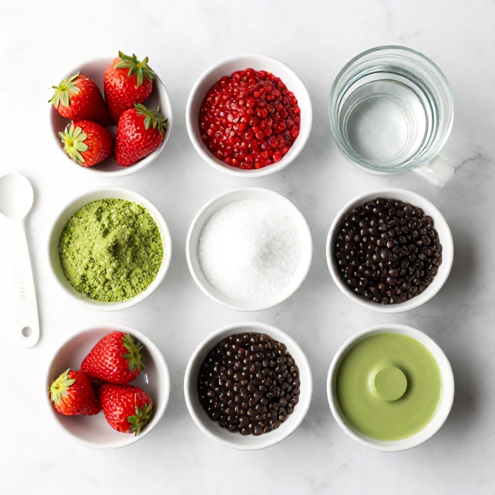 Raw ingredients for Strawberry Matcha Sago Dessert on a marble surface