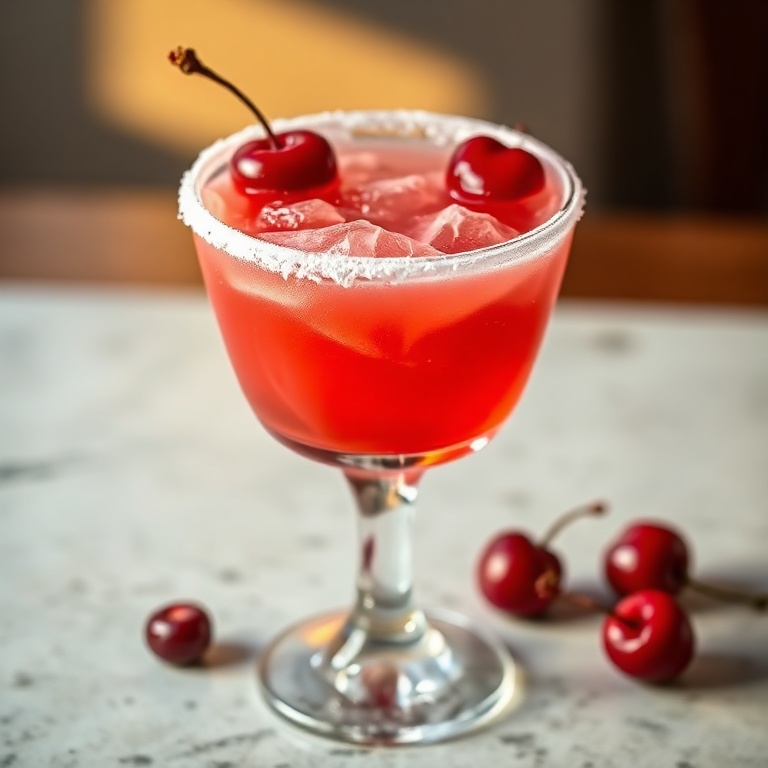 A perfect plated sweet cherry margarita in a glass with a sugared rim and a cherry garnish. Warm side lighting highlights the texture. The glass is filled to the top with a thick, creamy texture.