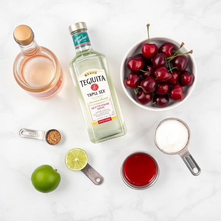 Overhead flat lay of sweet cherry margarita ingredients: fresh cherries, tequila, triple sec, lime juice, and sugar. Measuring spoons and cups visible. White marble surface with bright even light.