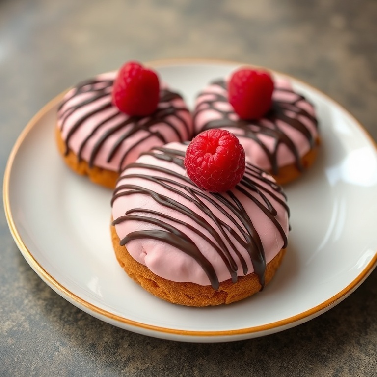 Perfectly plated Valentine Ganache Cookies. Topped with fresh raspberries and chocolate drizzle. Warm lighting highlighting texture.