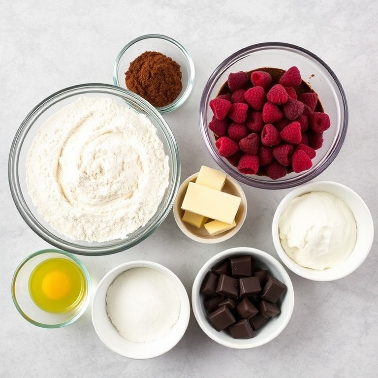 All raw ingredients for Valentine Ganache Cookies. Flour, sugar, cocoa powder, butter, raspberries, chocolate, and egg. Prep bowls and measuring tools visible.