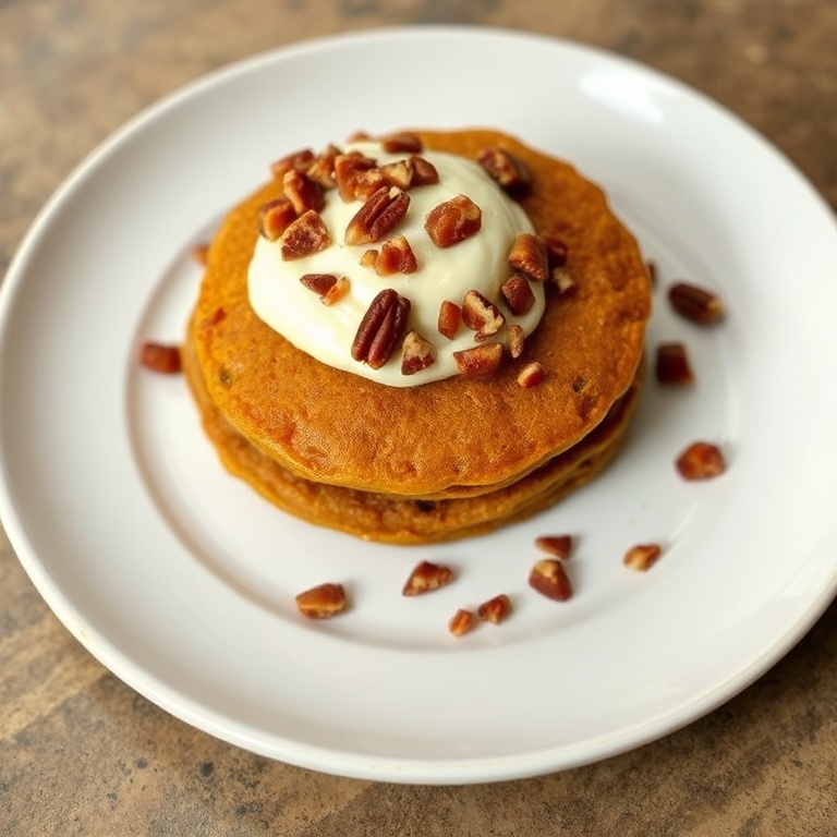A single vegan carrot cake pancake plated on a white ceramic plate, topped with cream cheese icing and a sprinkle of chopped pecans, with warm side lighting highlighting the texture.