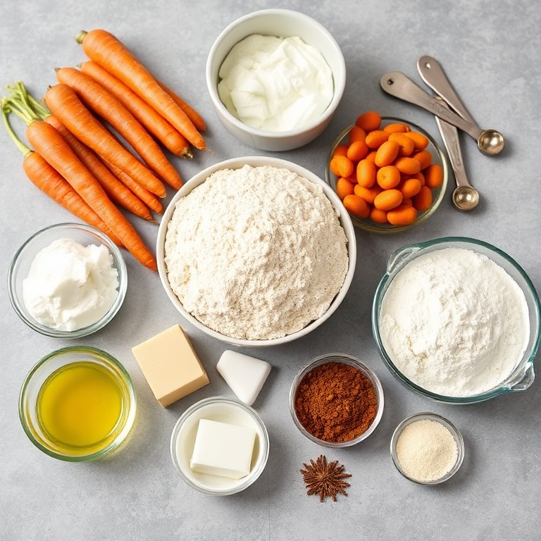 All raw ingredients for vegan carrot cake pancakes arranged in a flat lay. Carrots, flour, applesauce, coconut oil, and spices visible. Measuring spoons and bowls in the background.
