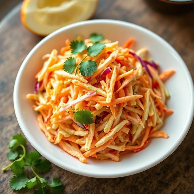 Perfect plated serving of Zesty Mexican Coleslaw in a white bowl with cilantro garnish. Warm side lighting showing texture. Photorealistic food photography. No text. No watermark.