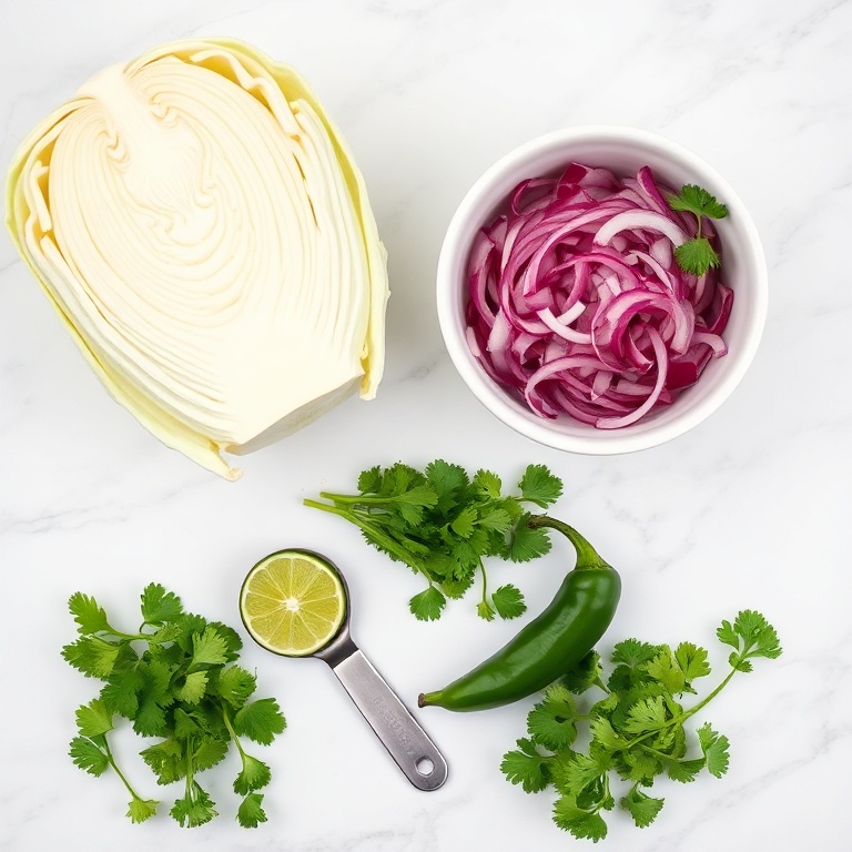 Overhead flat lay of cabbage, red onion, cilantro, lime, and jalapeño. Measuring spoons and bowls visible. White marble surface. Bright even light. Photorealistic food photography. No text. No watermark.