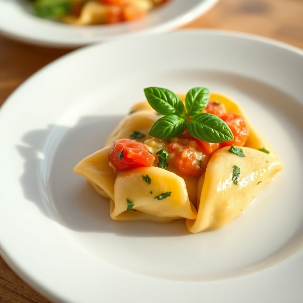 A single serving of creamy spinach tomato tortellini on a white plate, garnished with fresh basil
