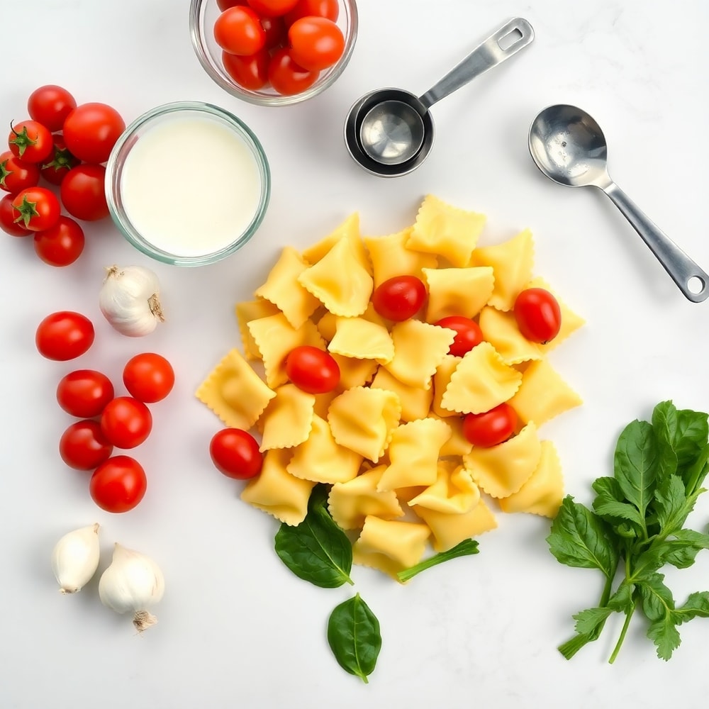 Cheese tortellini, cherry tomatoes, garlic, spinach, heavy cream, arranged on a white marble surface