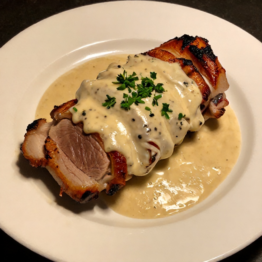 Plated pork tenderloin with creamy Dijon sauce