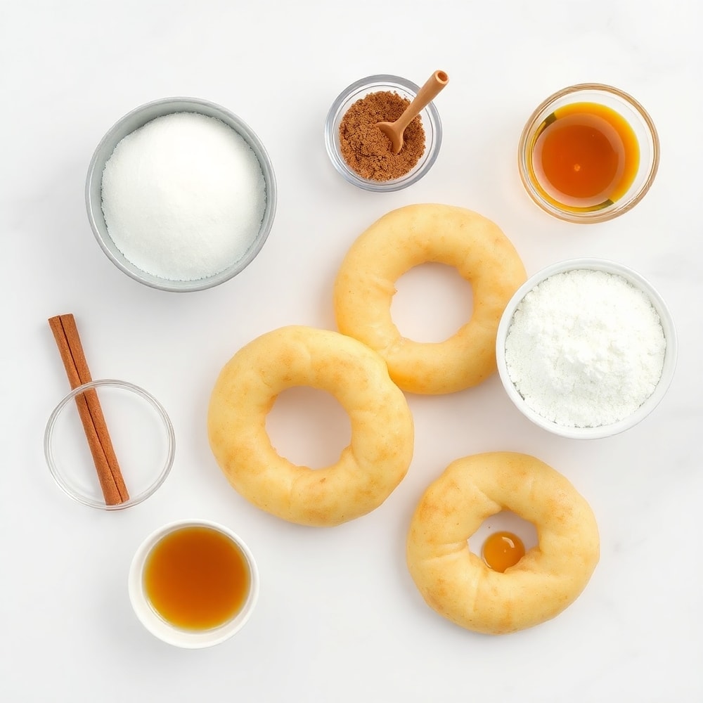 Raw ingredients for Air Fryer Cinnamon Apple Rings on a white marble surface