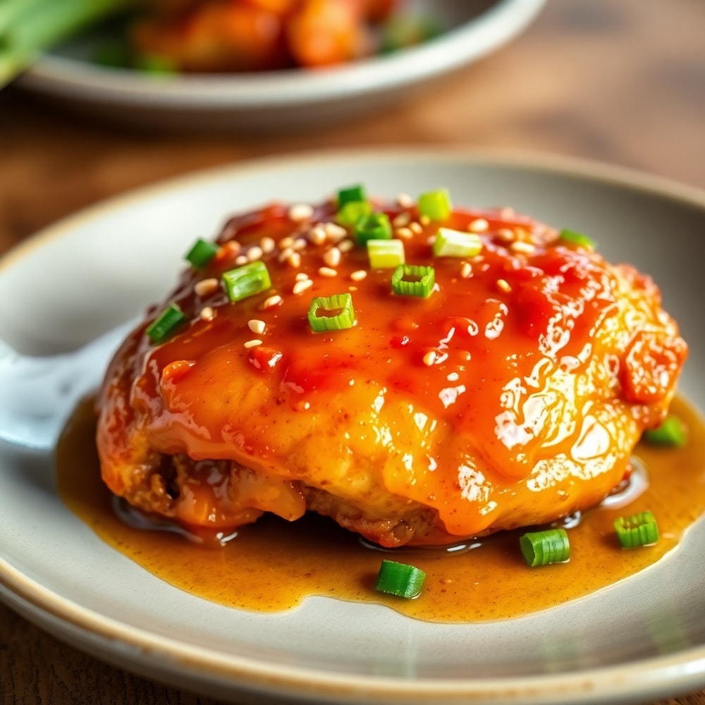 Plated serving of hot honey chicken bake with green onions