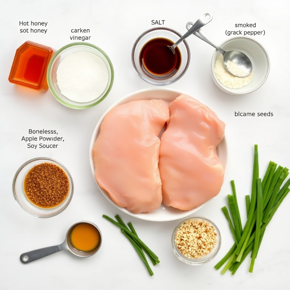 Raw ingredients for hot honey chicken bake on a white marble surface
