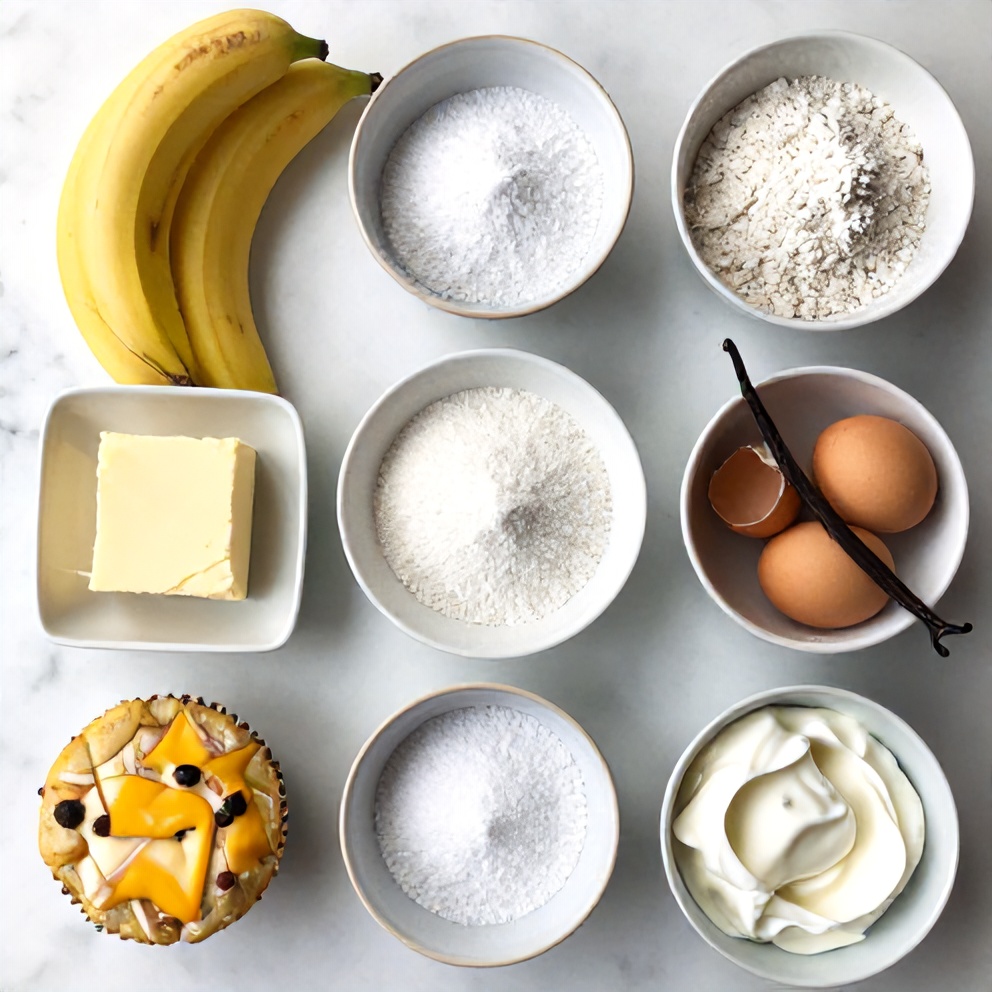 Banana, cream cheese, flour, sugar, eggs, and other ingredients for Banana Cream Cheese Muffins