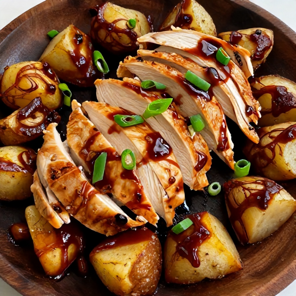 Plated BBQ chicken and potato skillet with green onions