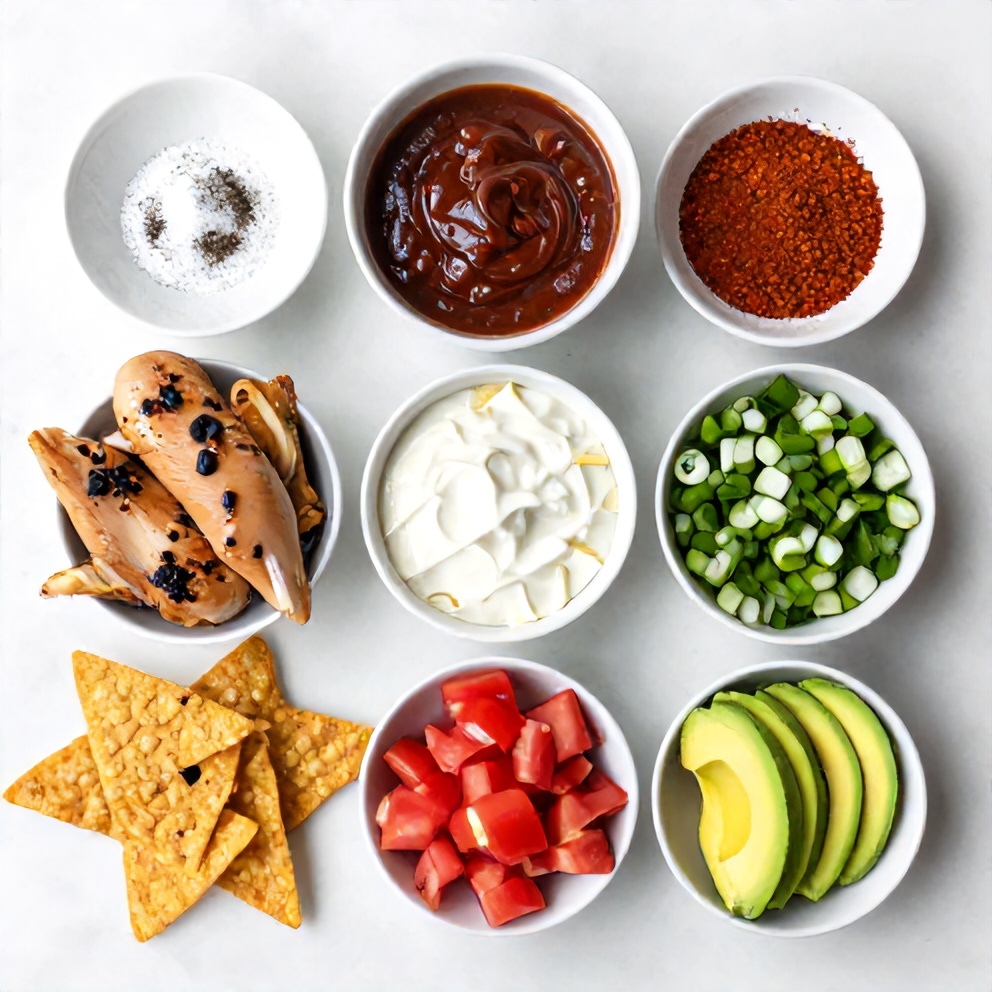 Raw ingredients for BBQ Ranch Chicken Bowls including chicken, BBQ sauce, and ranch dressing