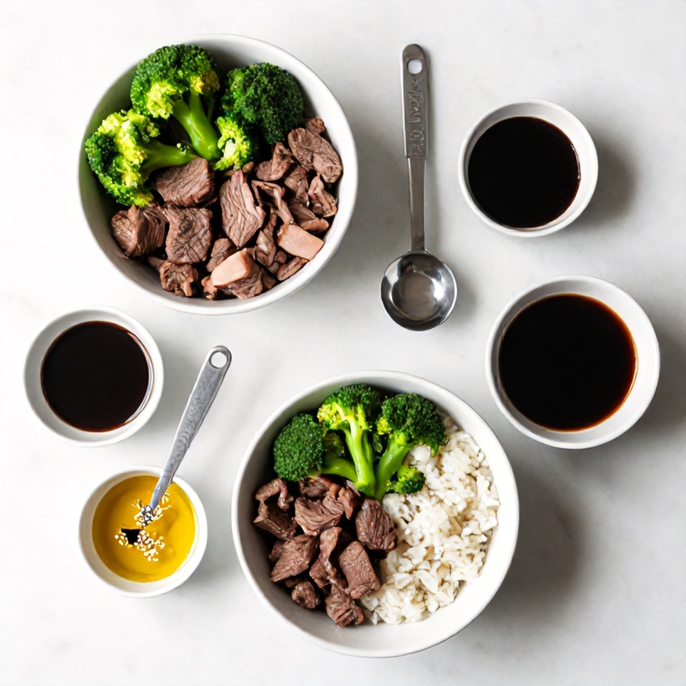 Raw ingredients for Beef and Broccoli Rice Bowls on a white marble surface