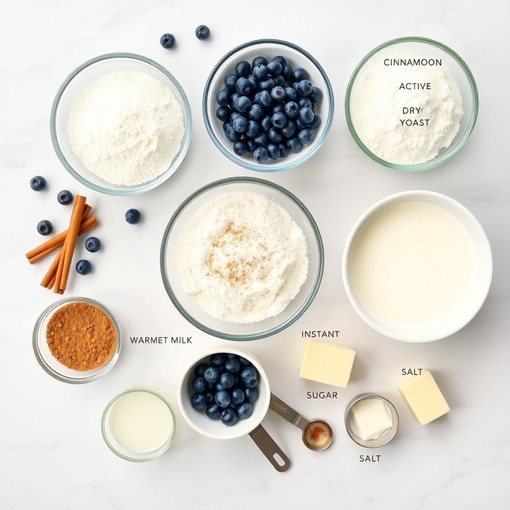 Blueberries, cinnamon, flour, and other ingredients for Blueberry Cinnamon Rolls
