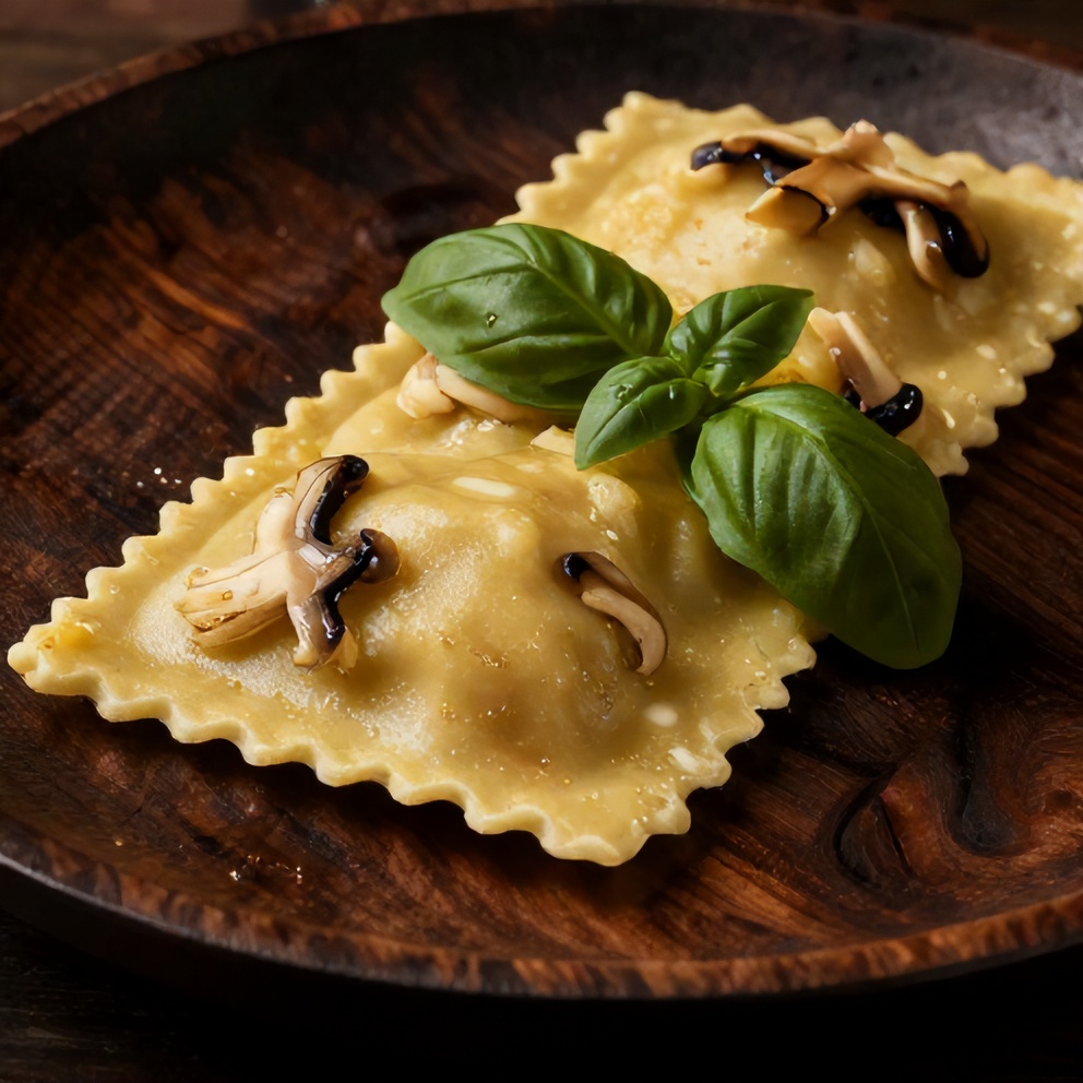 Plated Vegan Mushroom Ravioli with Fresh Basil