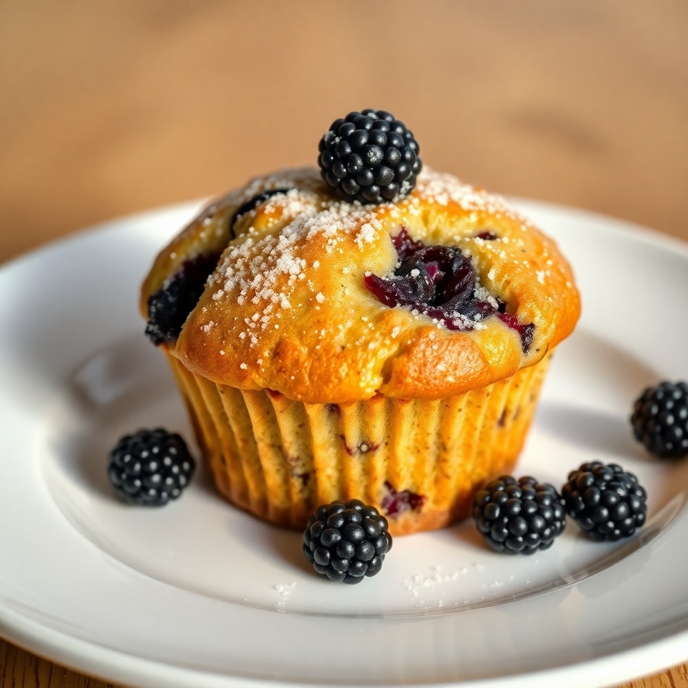 Plated blackberry muffin with a sprinkle of sugar
