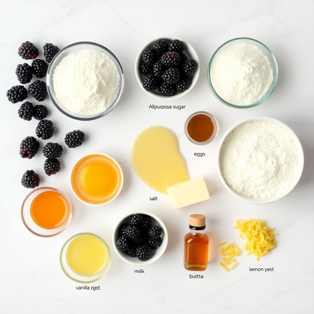 Raw ingredients for blackberry muffins arranged in a flat lay